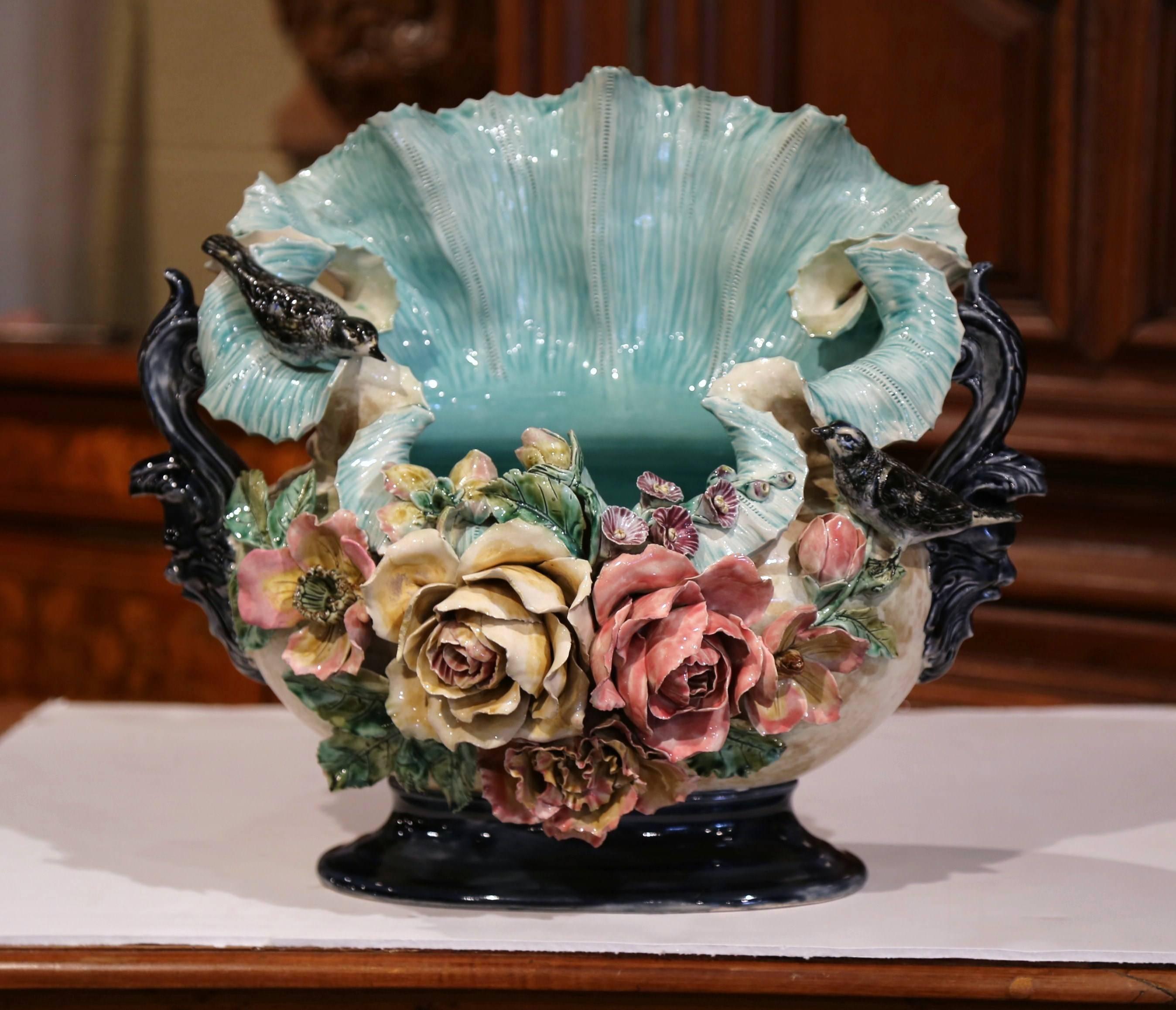 Ceramic 19th Century French Barbotine Cachepot with Hand-Painted Flowers and Birds