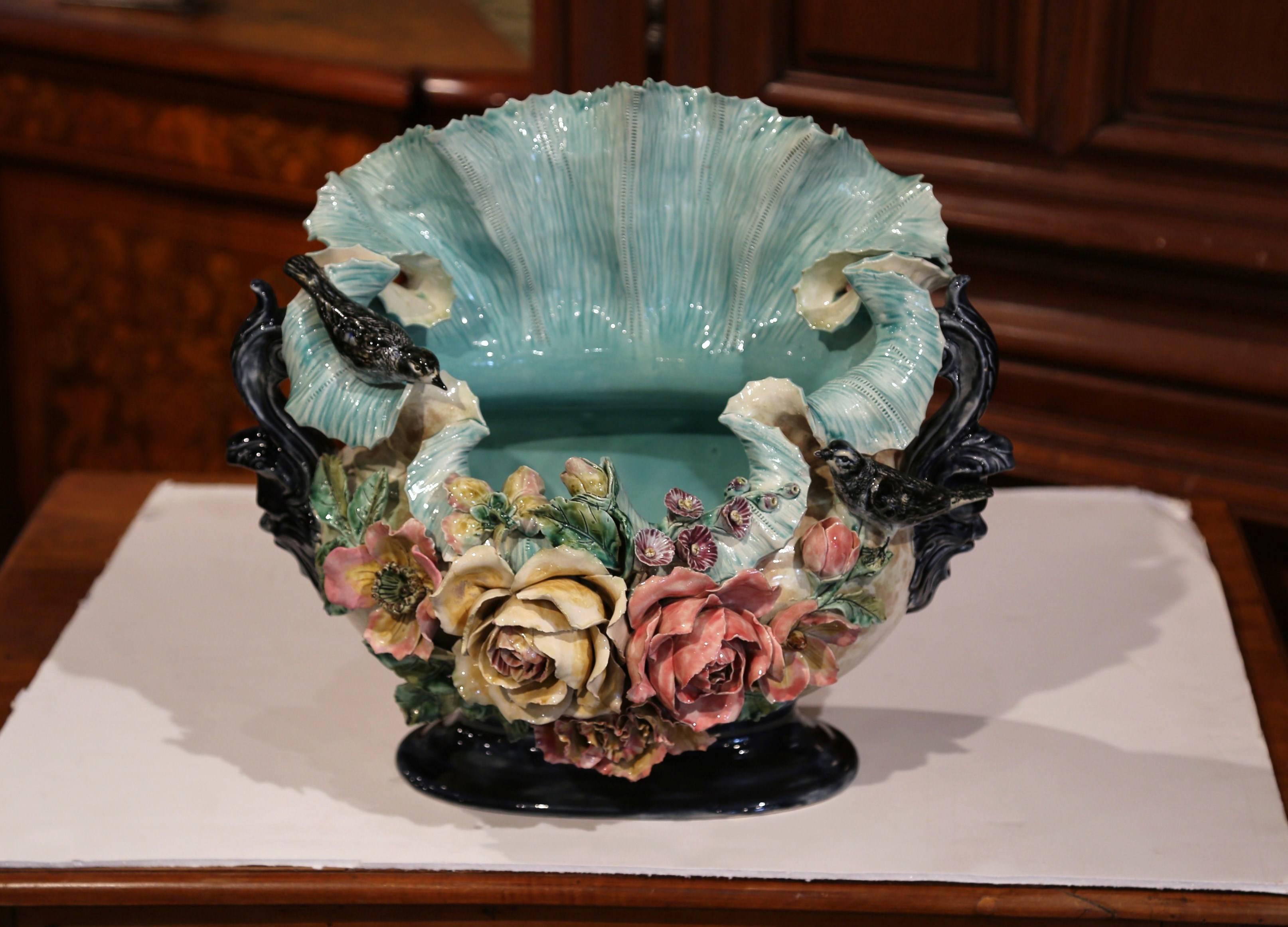 19th Century French Barbotine Cachepot with Hand-Painted Flowers and Birds 3