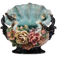 19th Century French Barbotine Cachepot with Hand-Painted Flowers and Birds