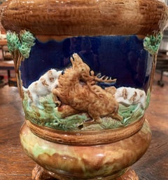 19th Century French Barbotine Ceramic Deer and Dog Cache Pot from Sarreguemines