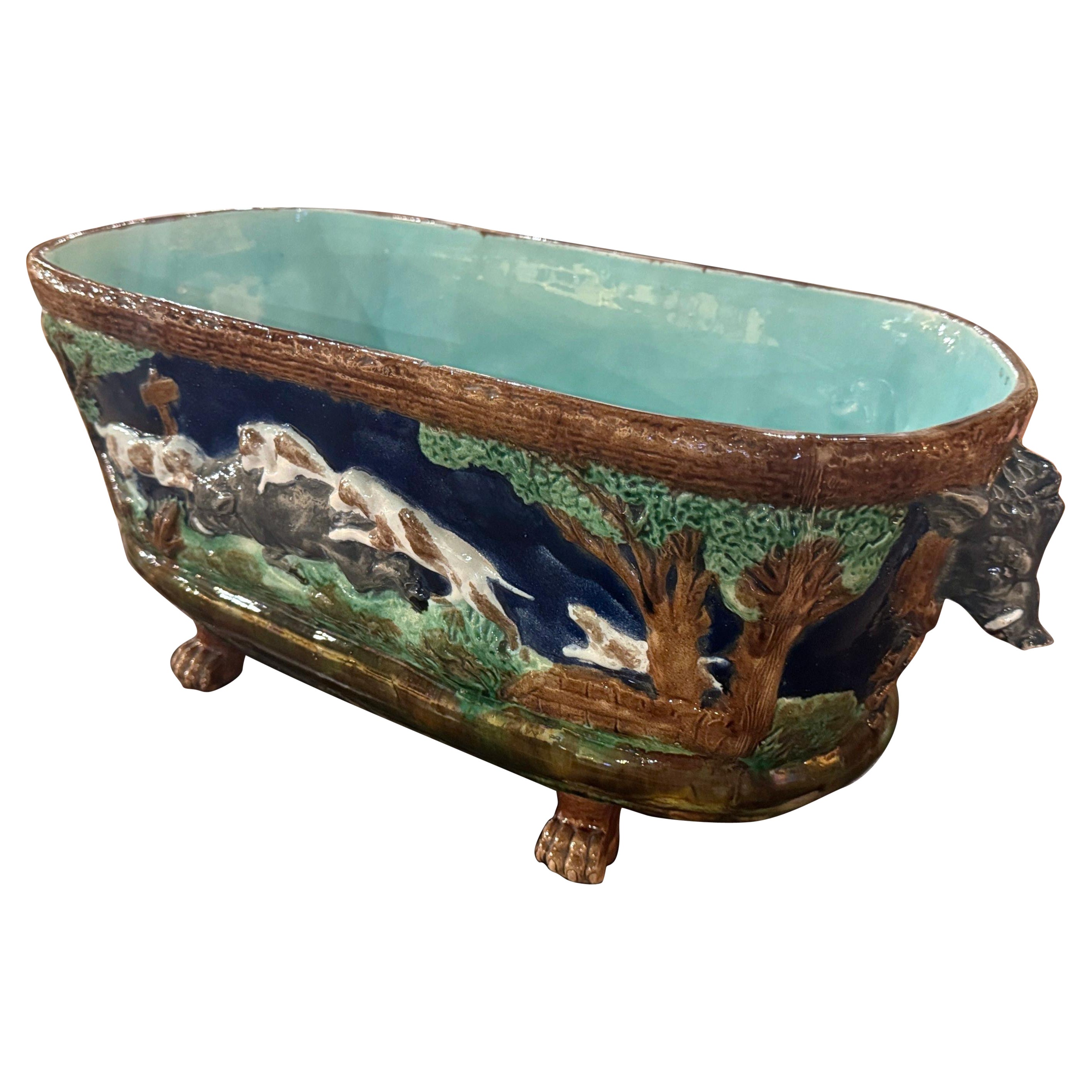19th Century French Barbotine Ceramic Hounds & Boar Cache Pot from Sarreguemines