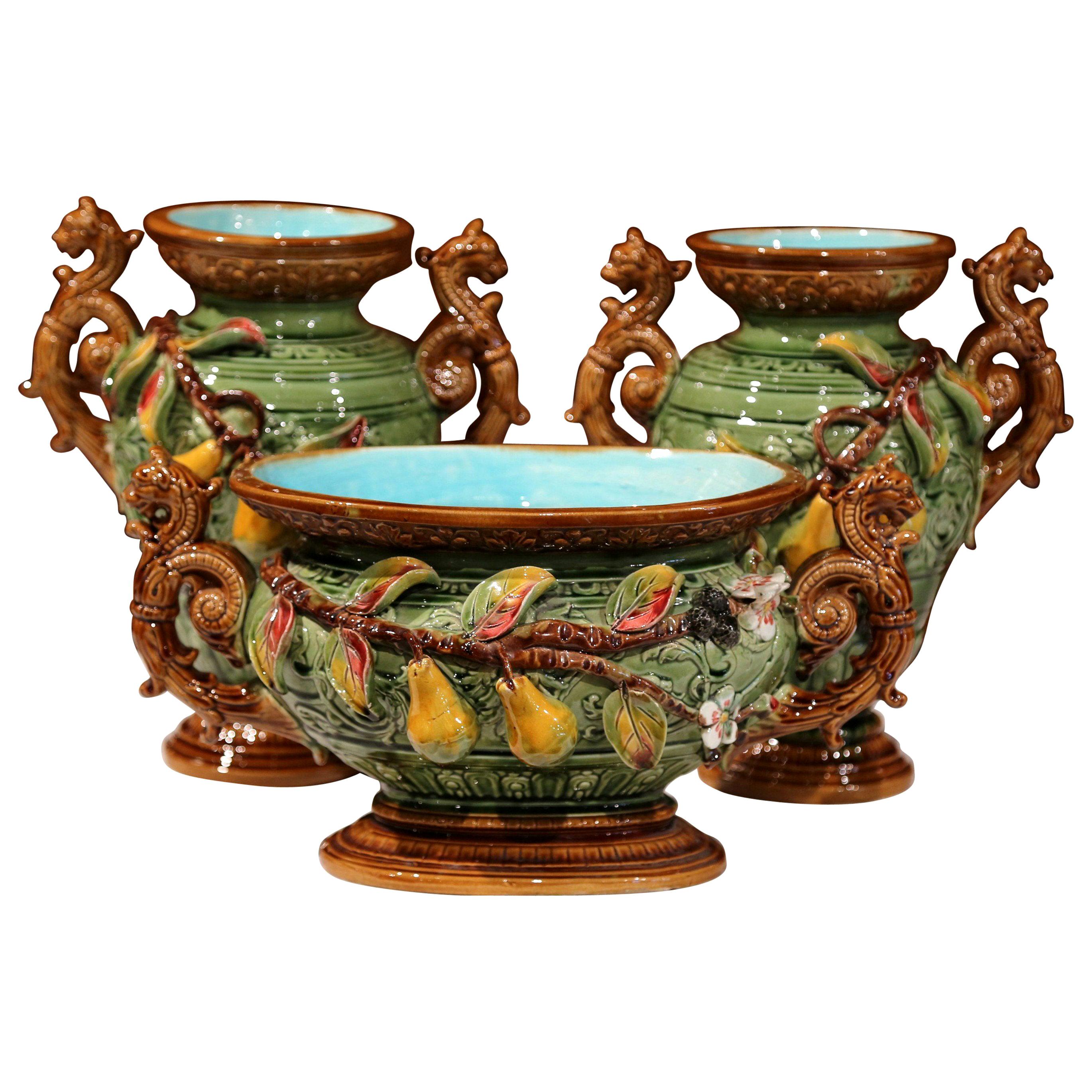 19th Century French Barbotine Ceramic Vases and Jardinière with Pear Decor