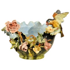 19th Century French Barbotine Covered Bowl with Bird and Bird Nest Décor