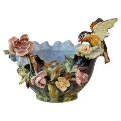 19th Century French Barbotine Covered Bowl with Bird and Bird Nest Décor