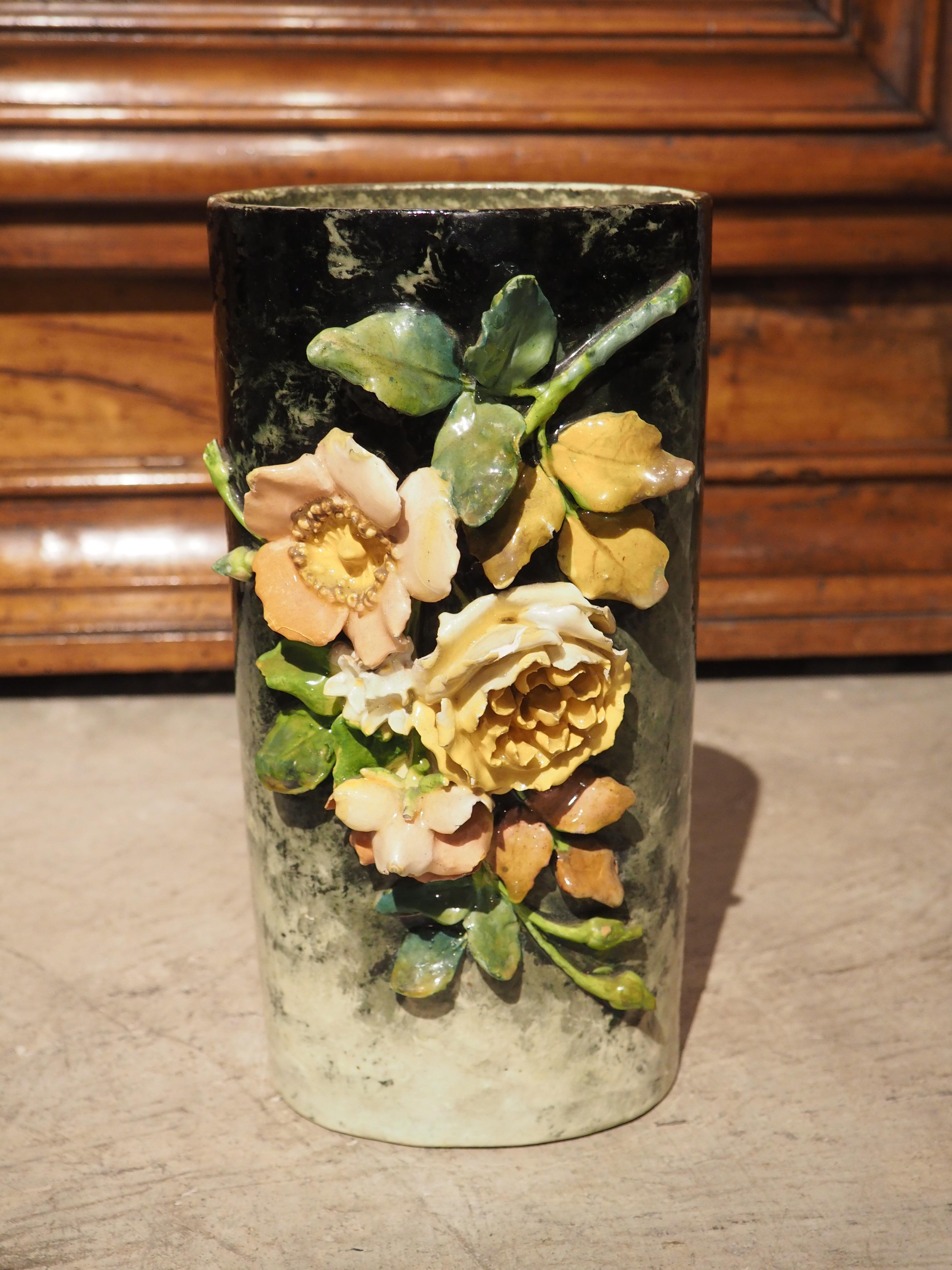19th Century French Barbotine Cylinder Vase with Gros Relief Flowers For Sale 7