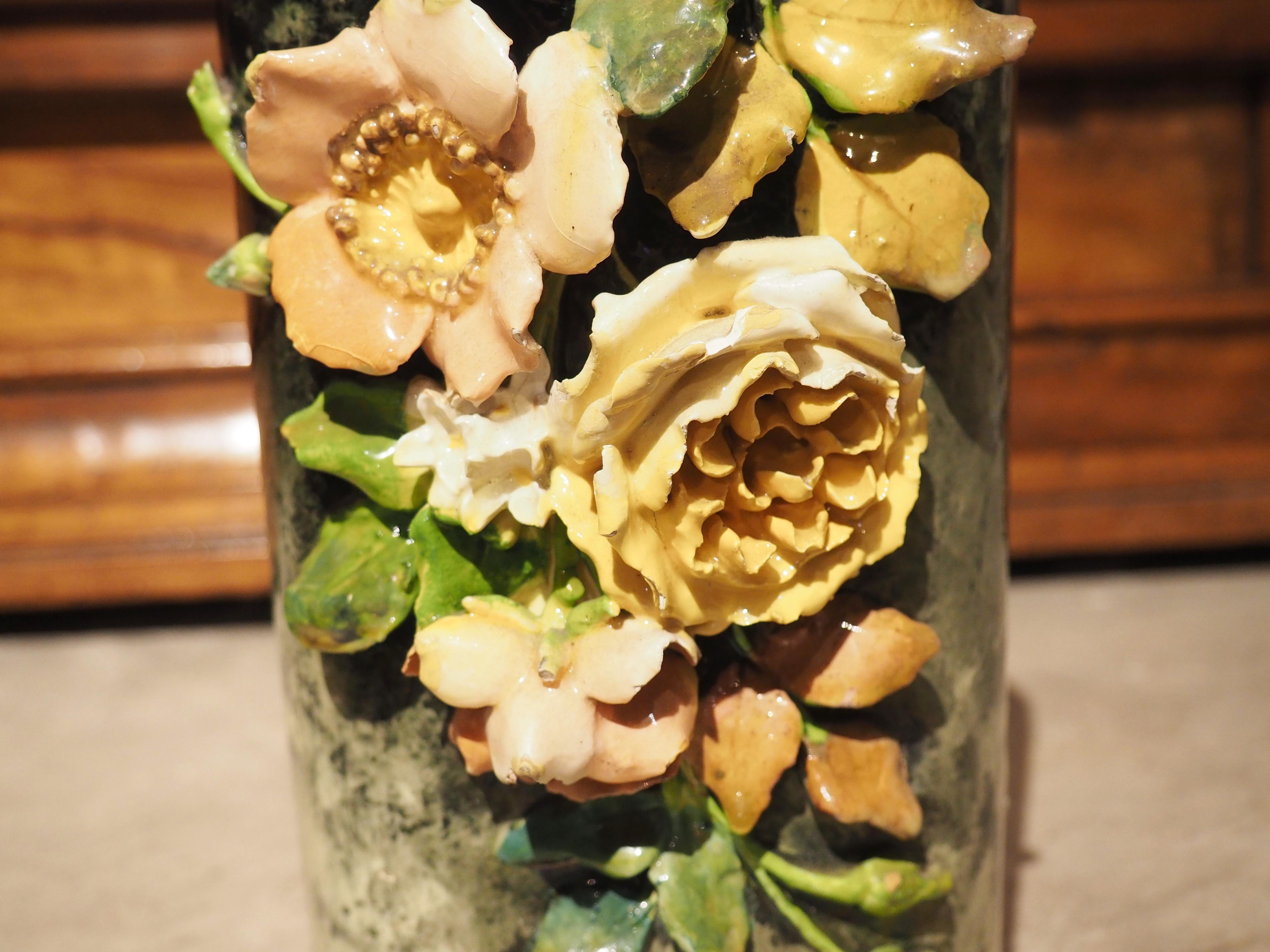 Hand-Painted 19th Century French Barbotine Cylinder Vase with Gros Relief Flowers For Sale