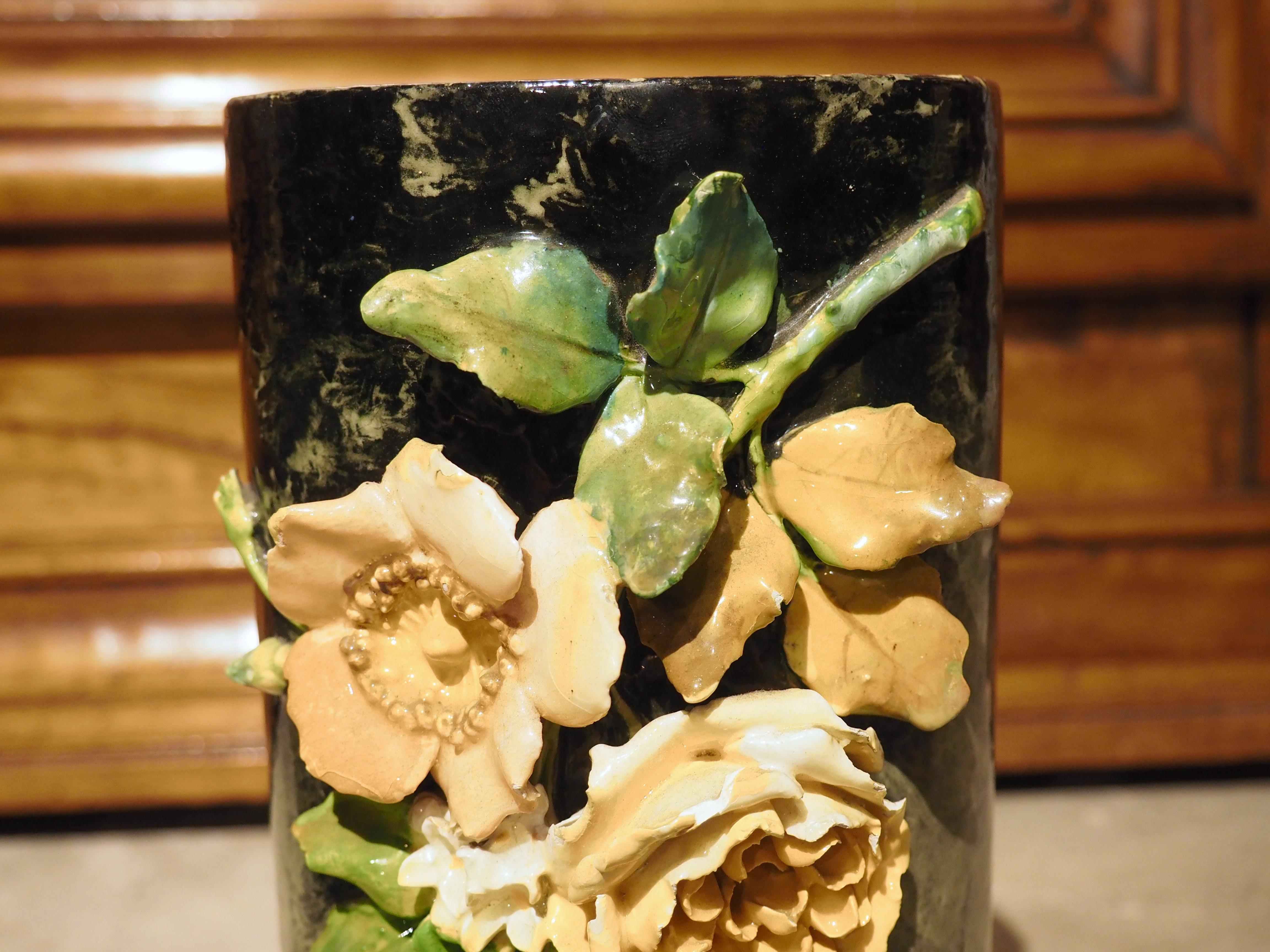 19th Century French Barbotine Cylinder Vase with Gros Relief Flowers In Good Condition For Sale In Dallas, TX