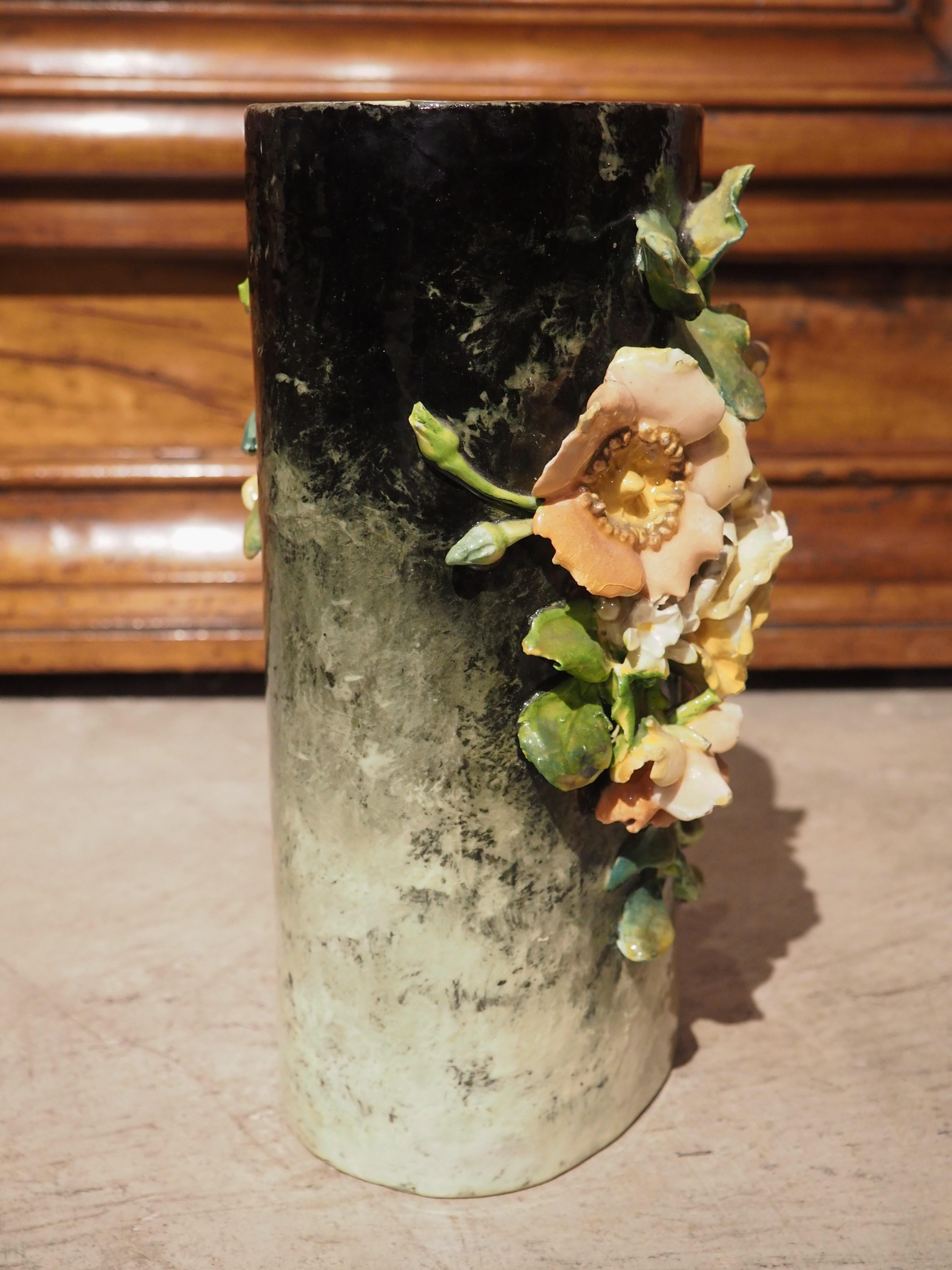 Ceramic 19th Century French Barbotine Cylinder Vase with Gros Relief Flowers For Sale