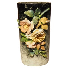 19th Century French Barbotine Cylinder Vase with Gros Relief Flowers