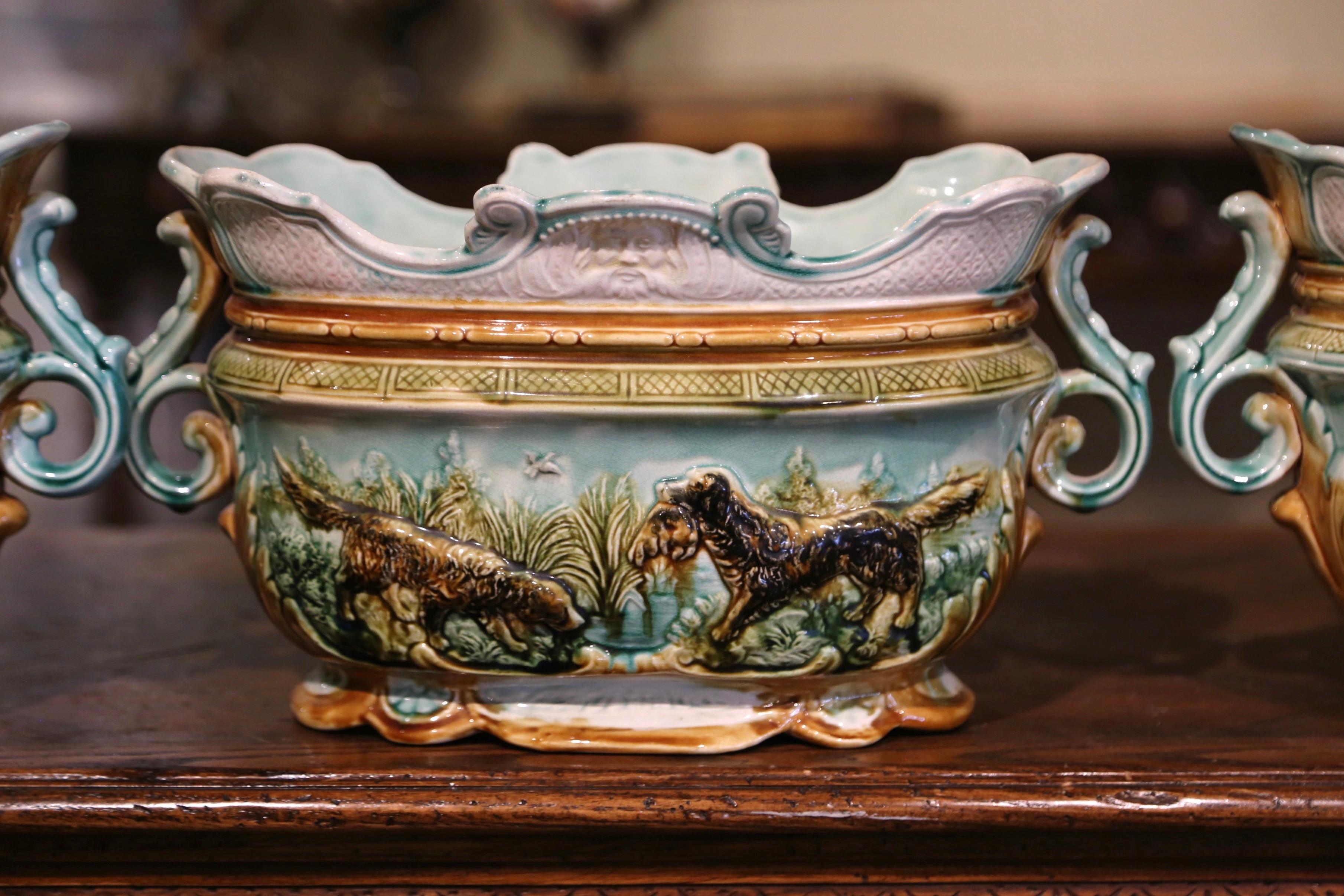 Hand-Crafted 19th Century French Barbotine Hunt Motifs Cache Pots and Jardiniere, Set of 3 For Sale