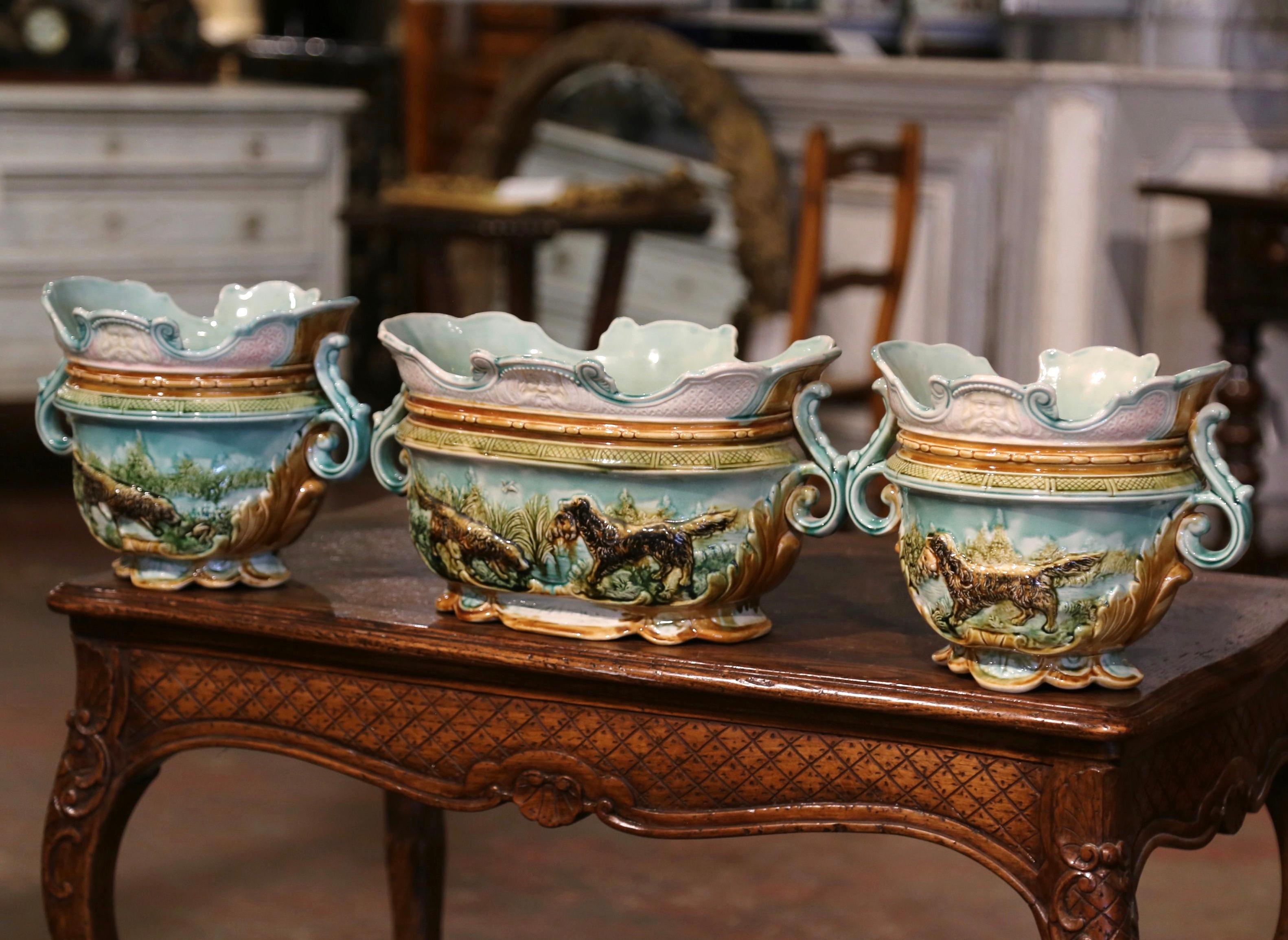 Ceramic 19th Century French Barbotine Hunt Motifs Cache Pots and Jardiniere, Set of 3 For Sale