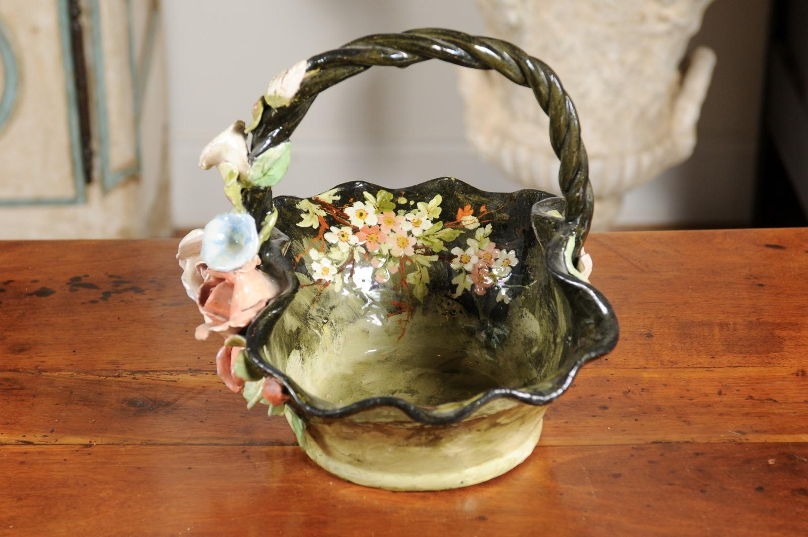 19th Century French Barbotine Jardinière Basket with High Relief Pastel Flowers In Good Condition For Sale In Atlanta, GA