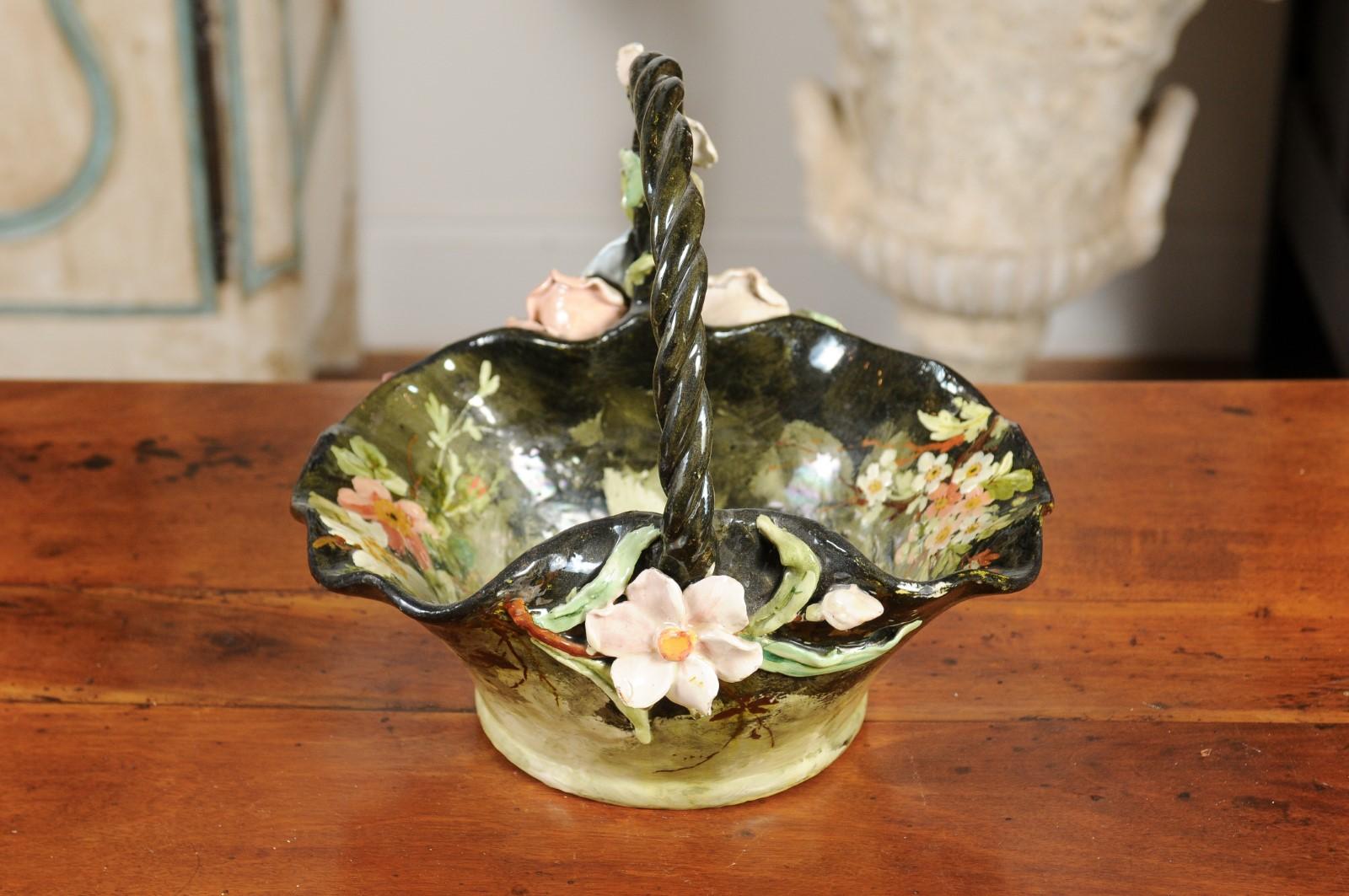 Ceramic 19th Century French Barbotine Jardinière Basket with High Relief Pastel Flowers For Sale