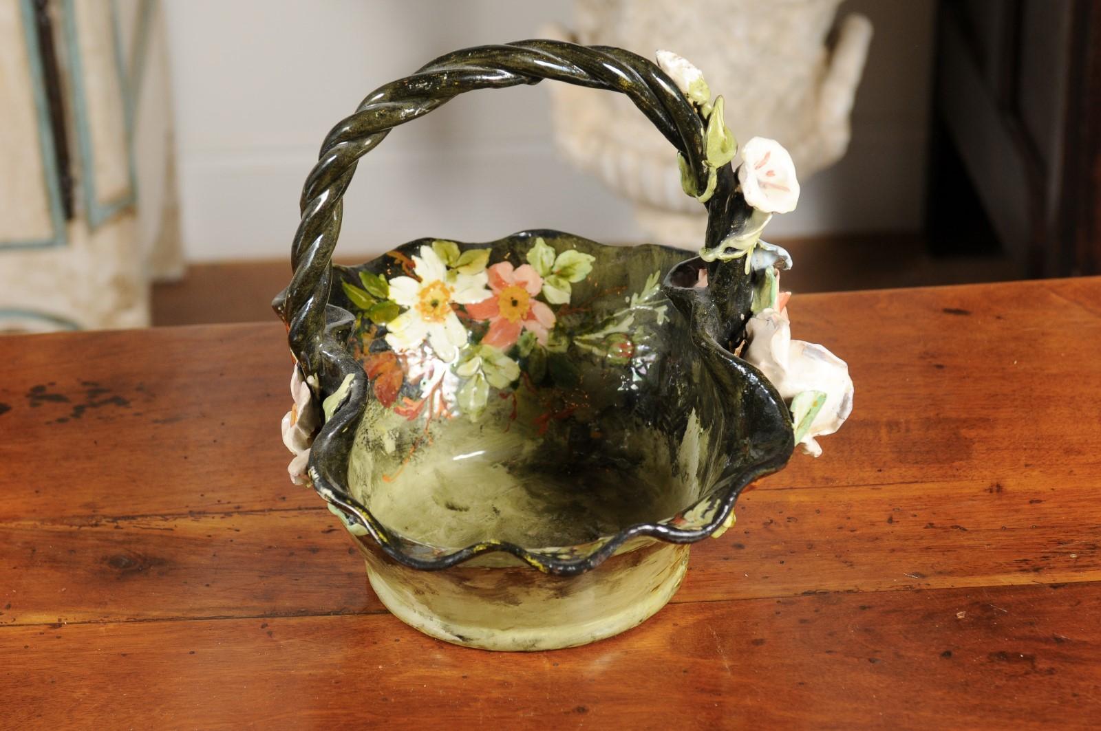 19th Century French Barbotine Jardinière Basket with High Relief Pastel Flowers For Sale 1