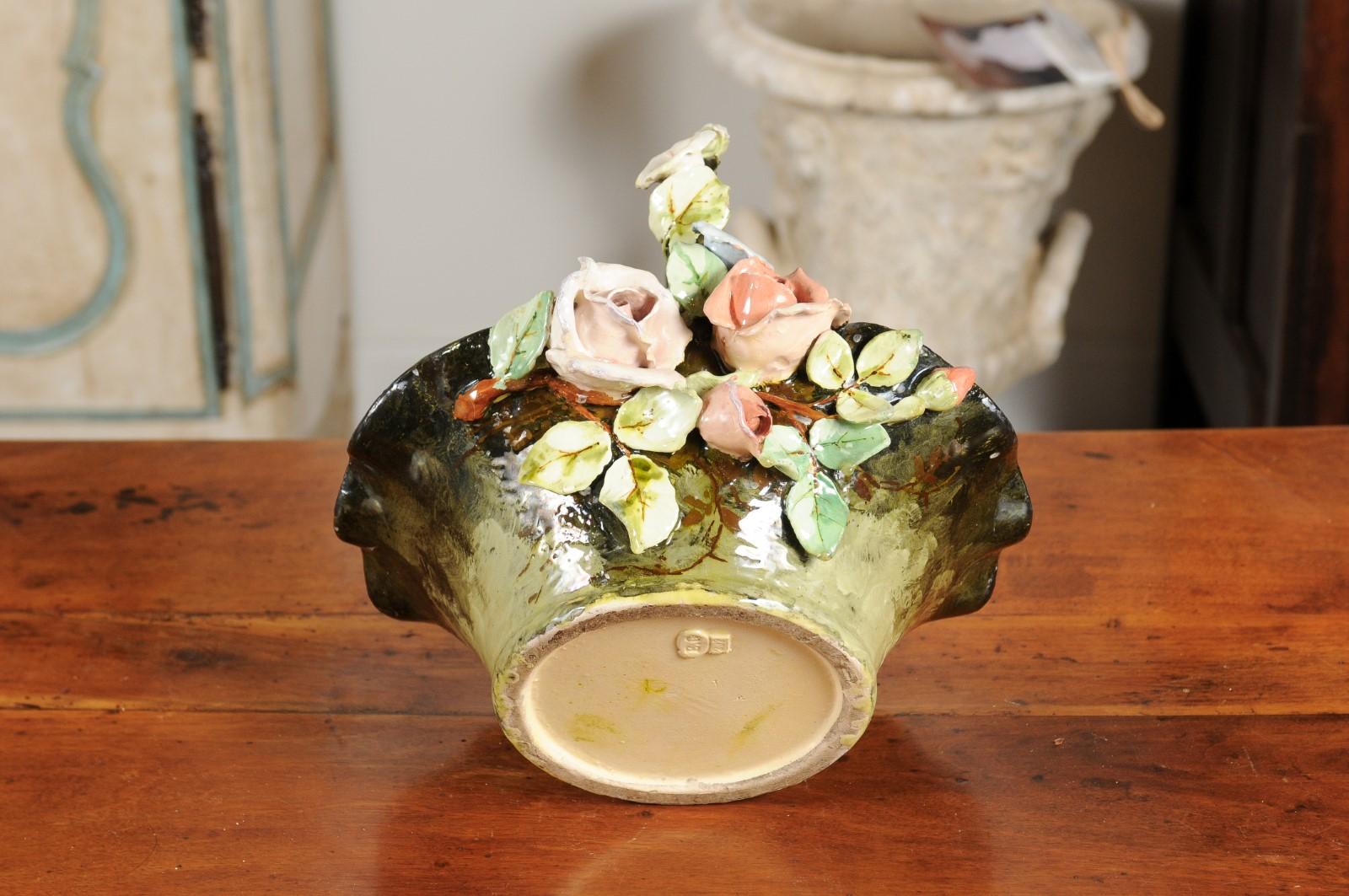 19th Century French Barbotine Jardinière Basket with High Relief Pastel Flowers For Sale 2