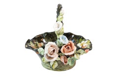 19th Century French Barbotine Jardinière Basket with High Relief Pastel Flowers