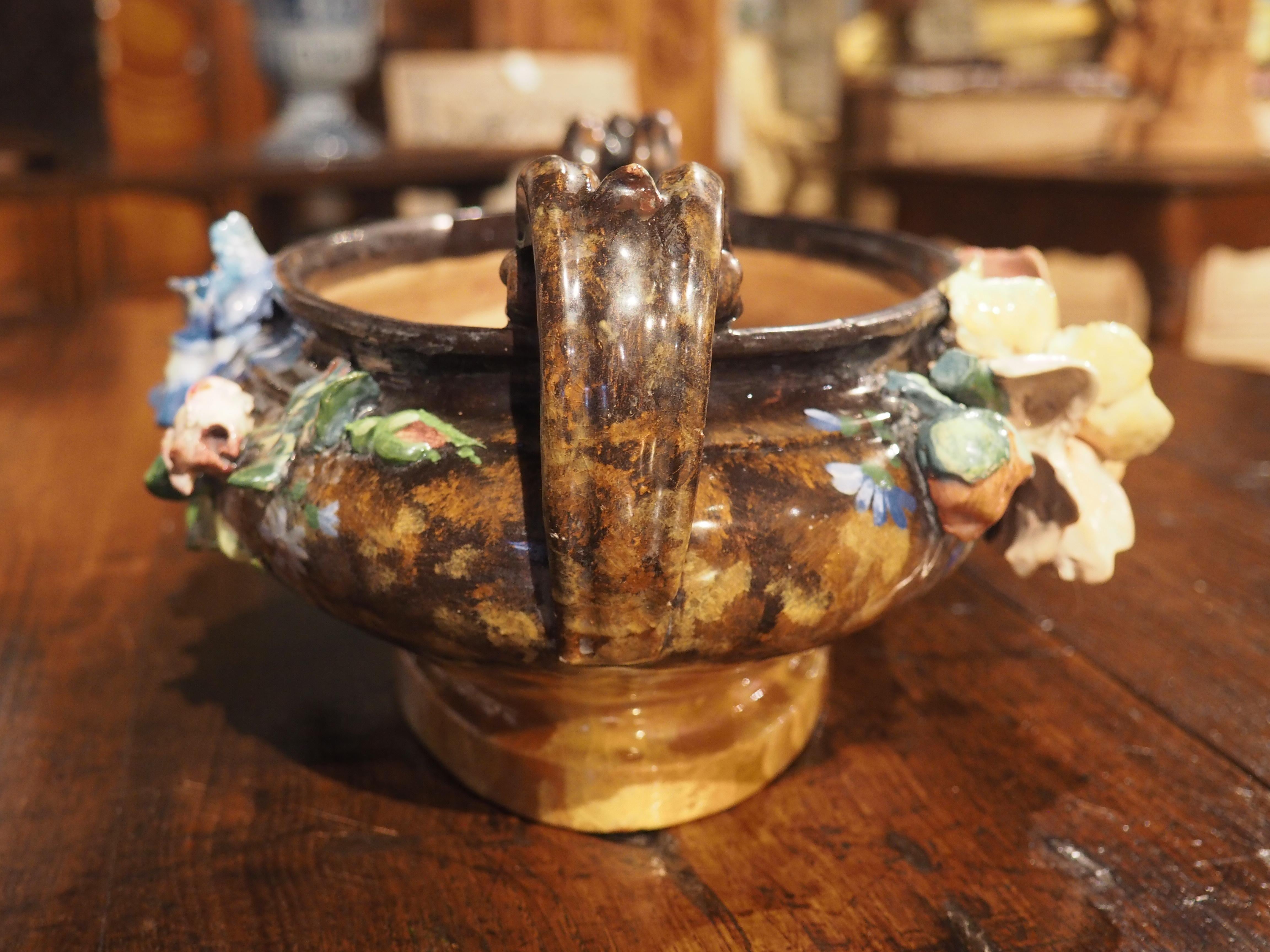 19th Century French Barbotine Jardiniere with Gros Relief Flowers For Sale 2