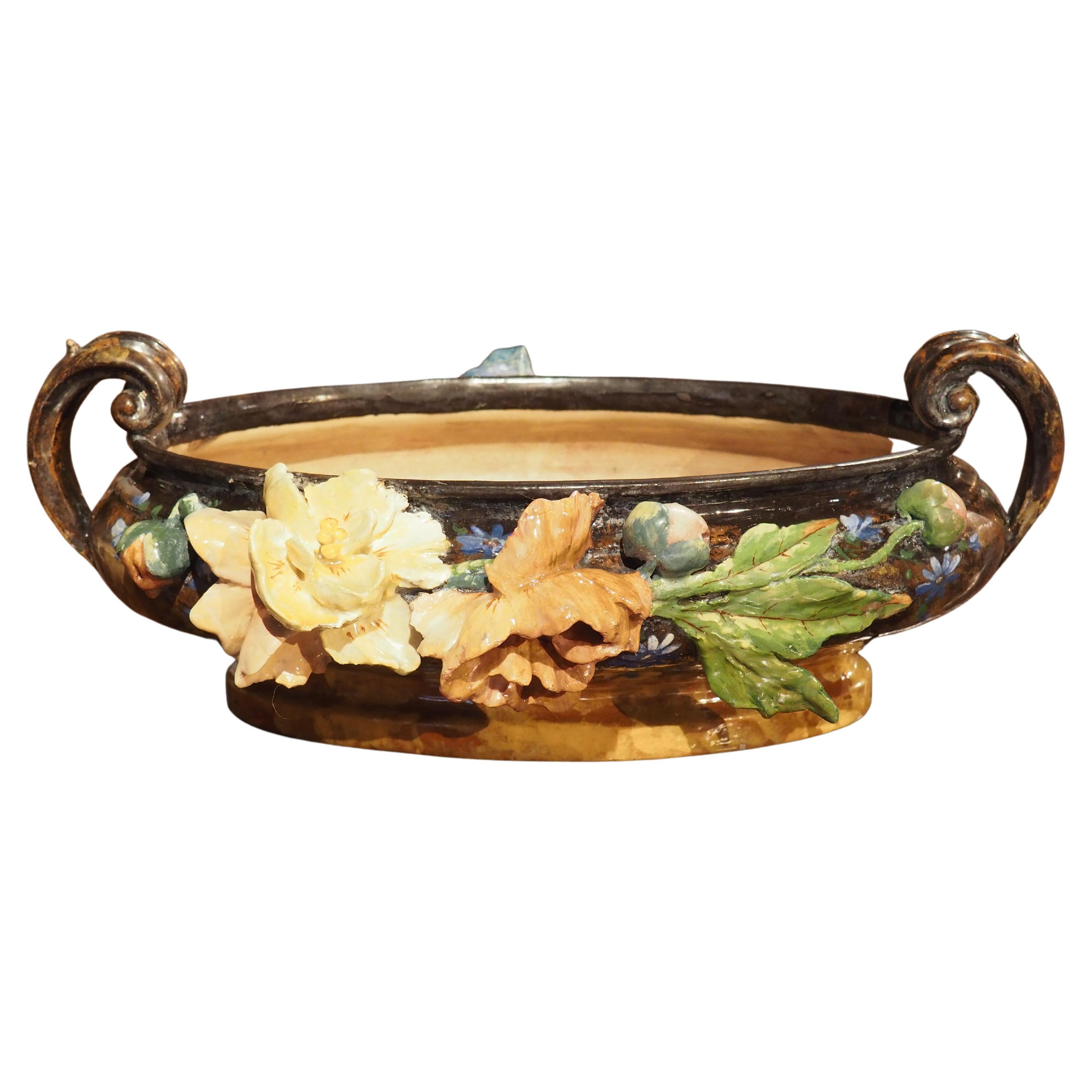 19th Century French Barbotine Jardiniere with Gros Relief Flowers