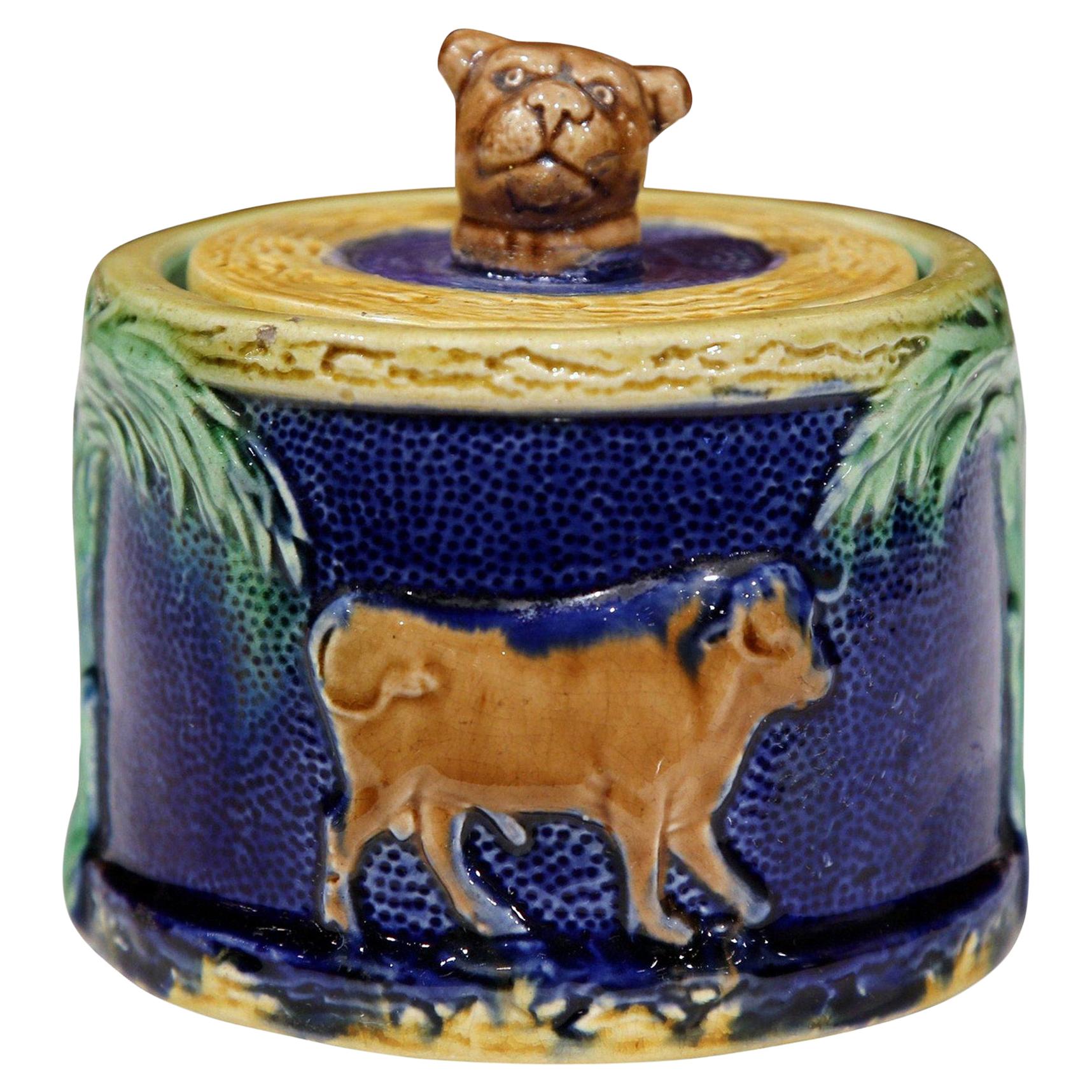 19th Century French Barbotine Majolica Covered Sugar Bowl with Cow Motifs For Sale