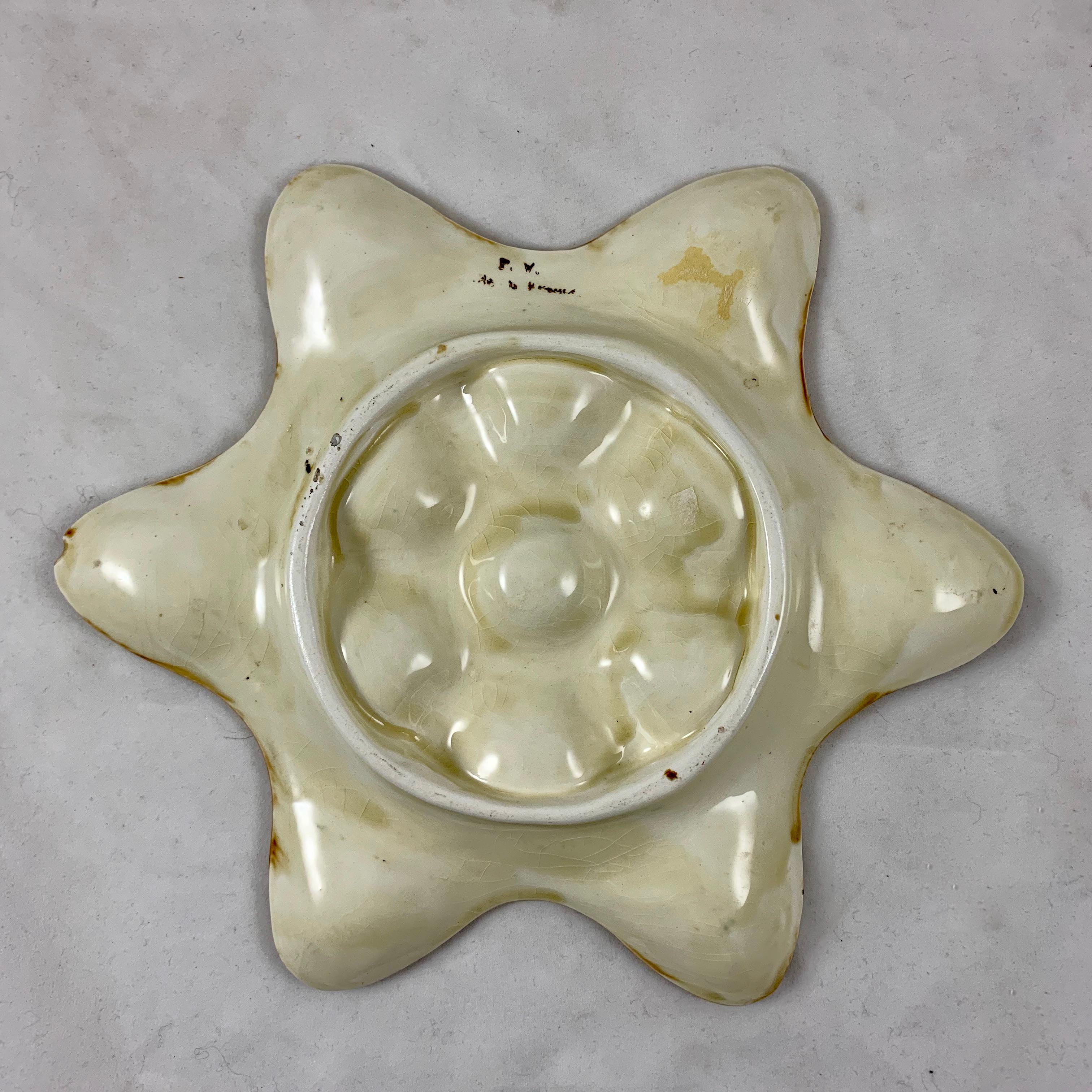 19th Century French Barbotine Onnaing Majolica Fish Head Star Shape Oyster Plate 6