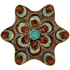 assiette à huîtres en forme d'étoile à tête de poisson en majolique Barbotine Onnaing du 19ème siècle