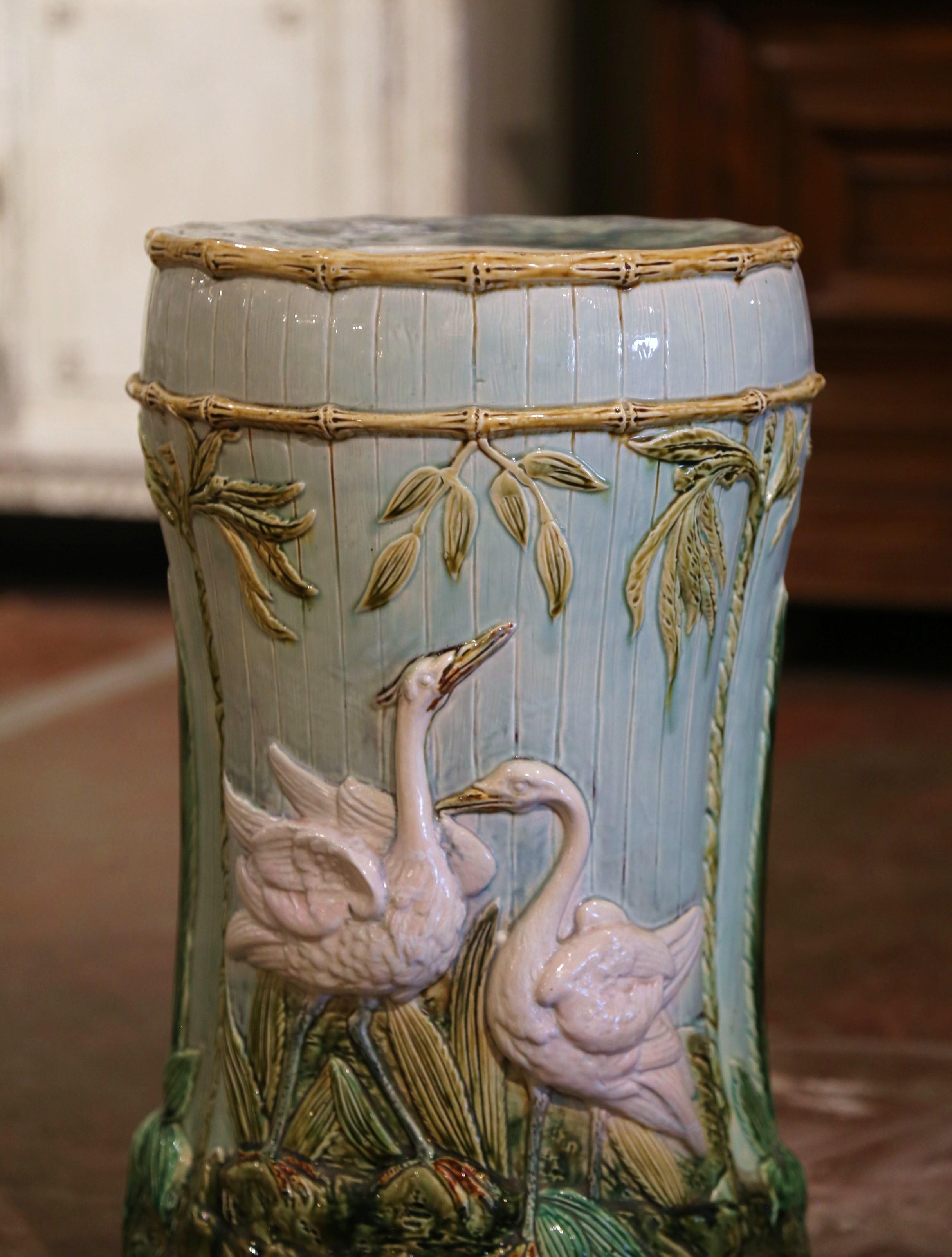 19th Century French Barbotine Painted Faience Garden Stool from Saint Amand In Excellent Condition In Dallas, TX