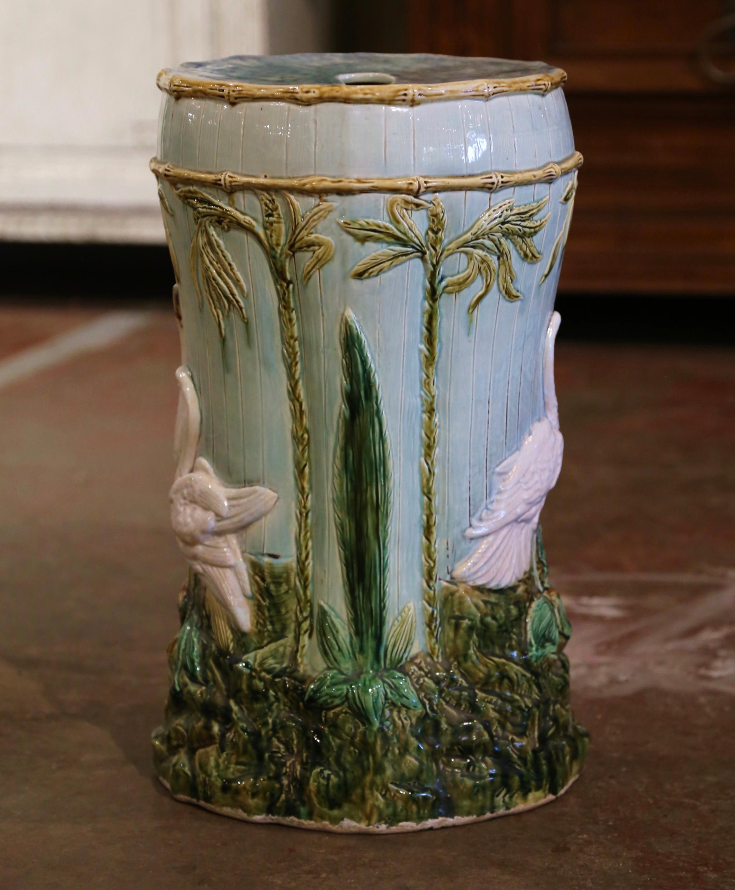 19th Century French Barbotine Painted Faience Garden Stool from Saint Amand 2