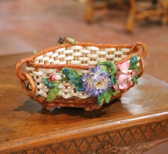 19th Century French Barbotine Porcelain Basket Jardinière with Flowers
