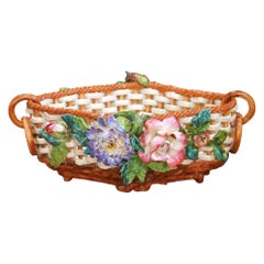19th Century French Barbotine Porcelain Basket Jardinière with Flowers
