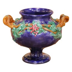 19th Century French Barbotine Terracotta Urn Signed MI de Sèvres 1858