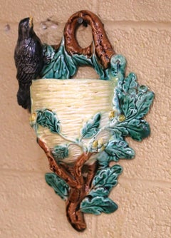 19th Century French Barbotine Wall Pocket with Bird Motif and Oak Leaves