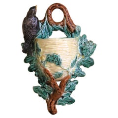 19th Century French Barbotine Wall Pocket with Bird Motif and Oak Leaves