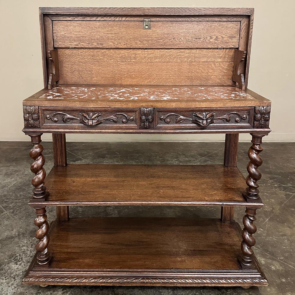 19th Century French Barley Twist Dessert Buffet makes a great accompaniment to any room, and has the added feature of a concealed marble top!  Originally intended to adorn the room and opened to serve desserts or cheeses, the top stays open thanks