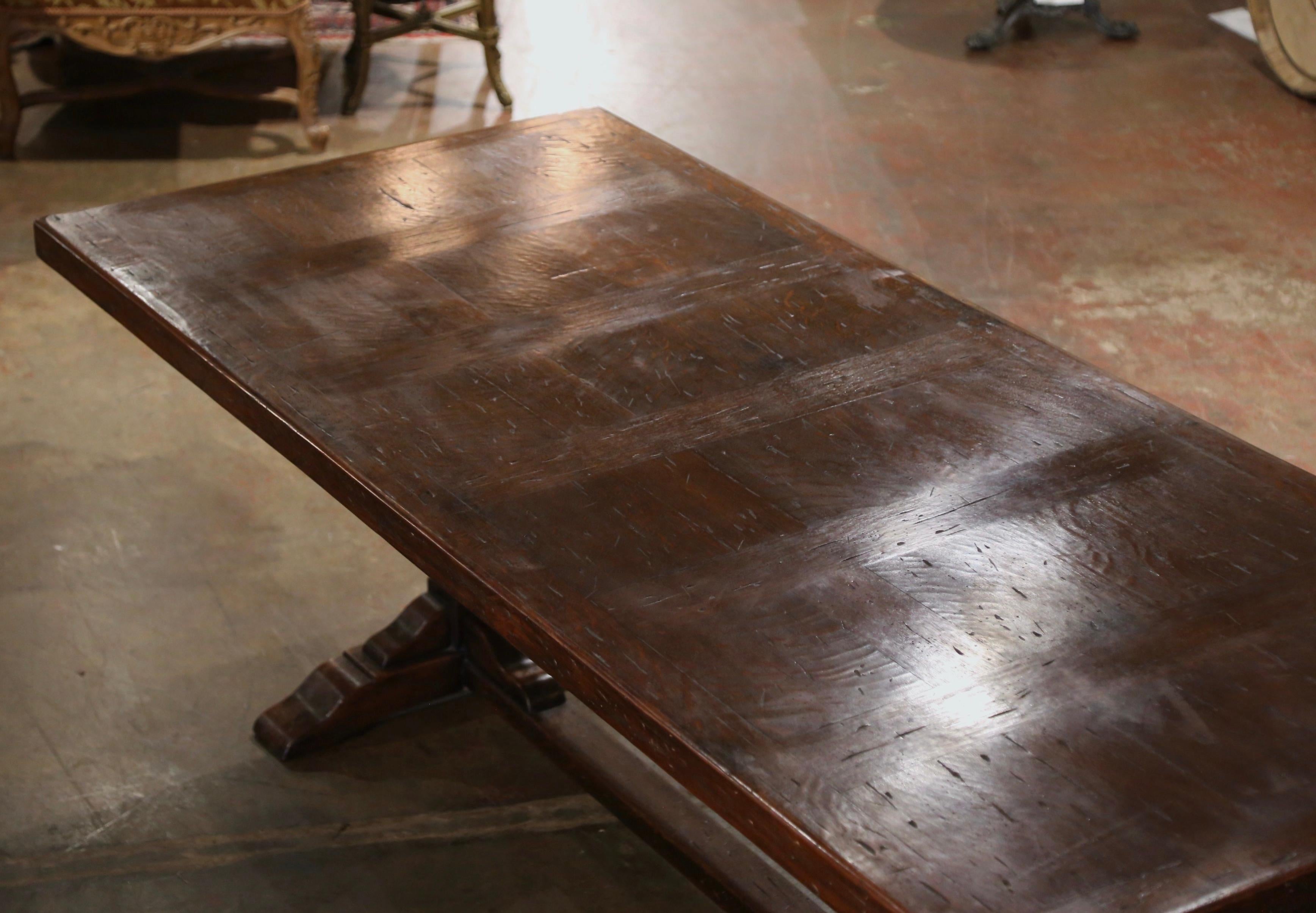 Louis XIII  19th Century French Baroque Carved Oak Trestle Farm Table with Parquetry Top For Sale