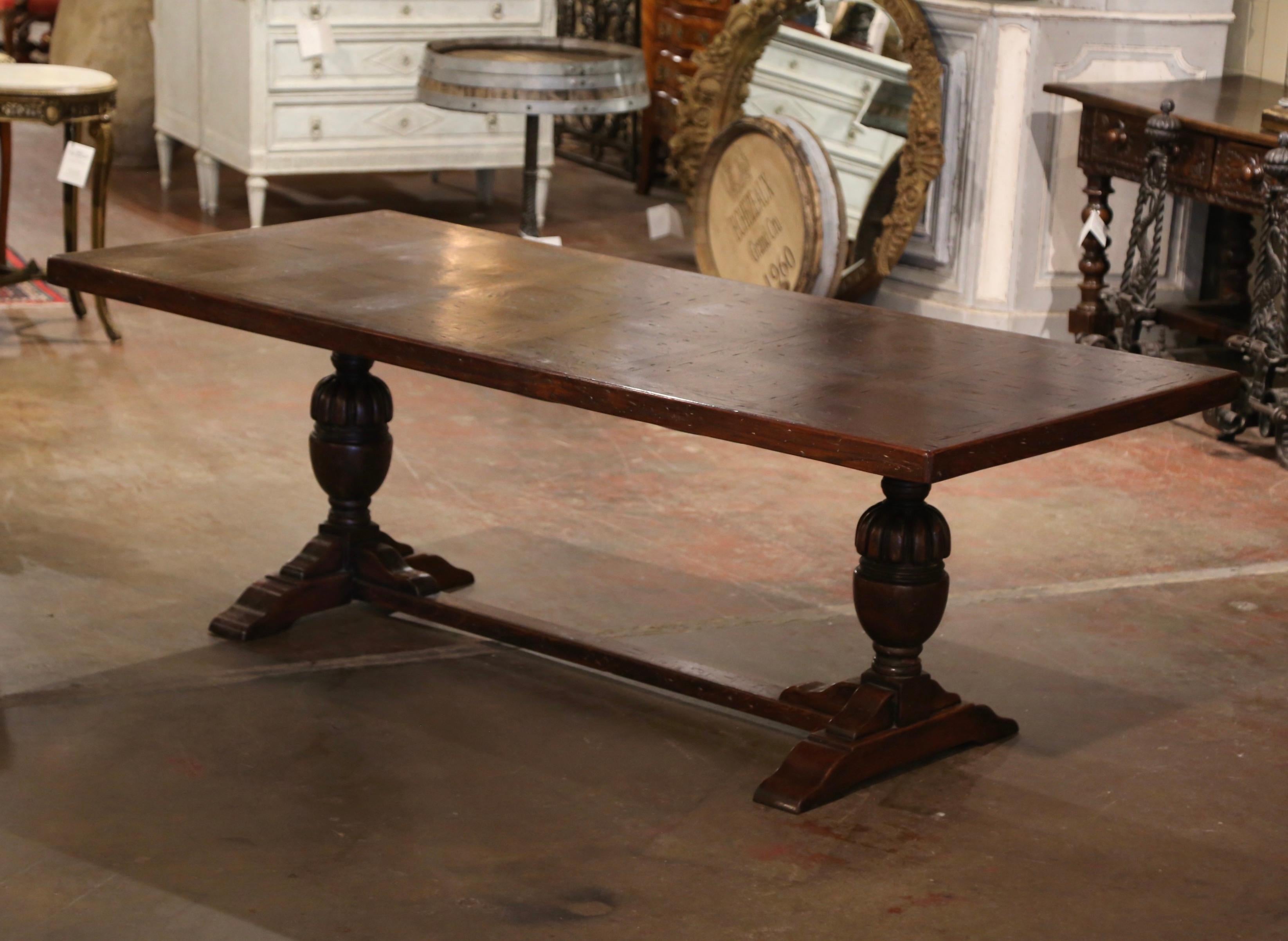  19th Century French Baroque Carved Oak Trestle Farm Table with Parquetry Top For Sale 1