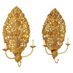 19th Century French Baroque Pair of Antique Gilded Brass Wall Appliques, Sconces