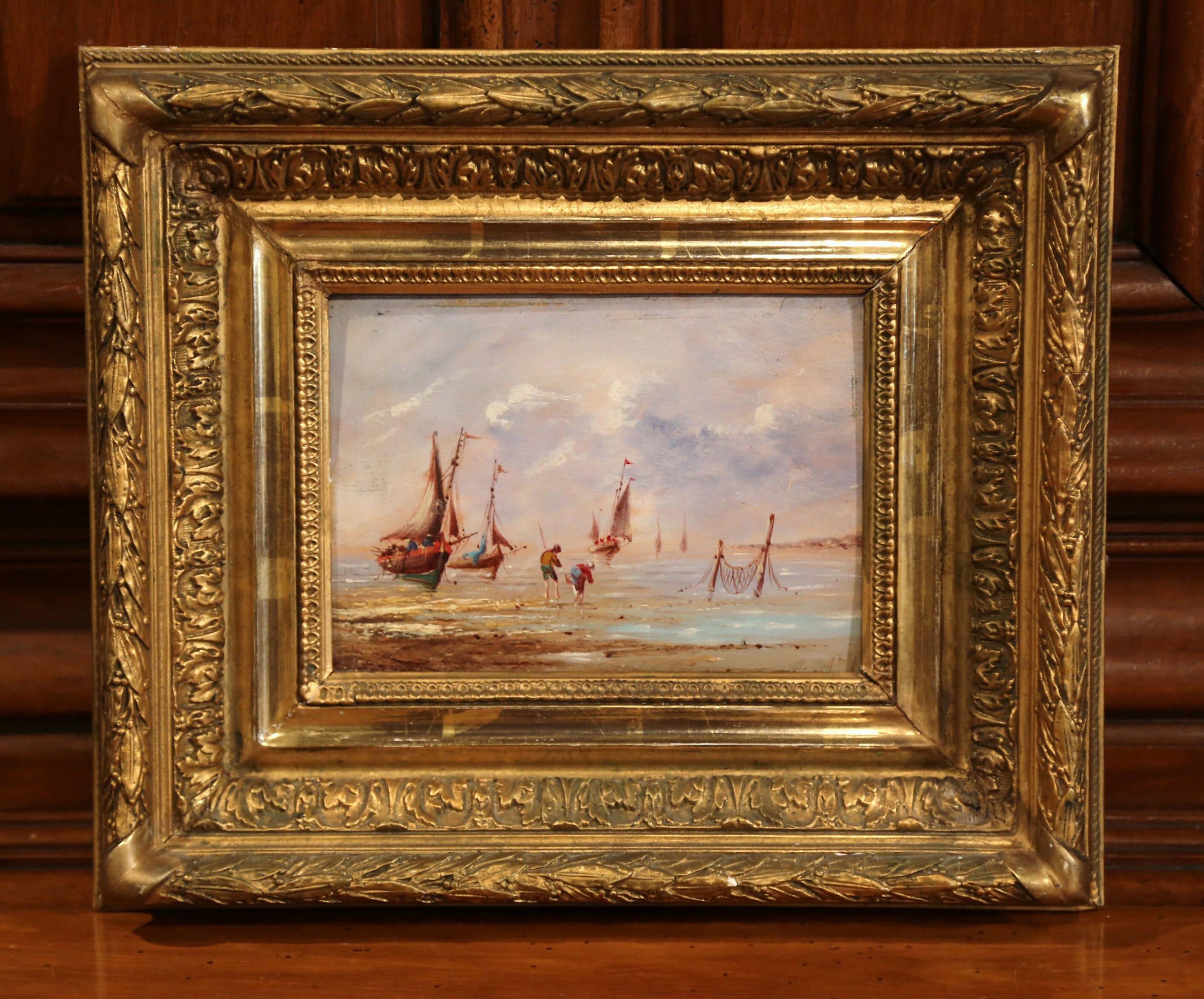 19th Century French Beach Oil Painting in Carved Gilt Frame In Excellent Condition For Sale In Dallas, TX