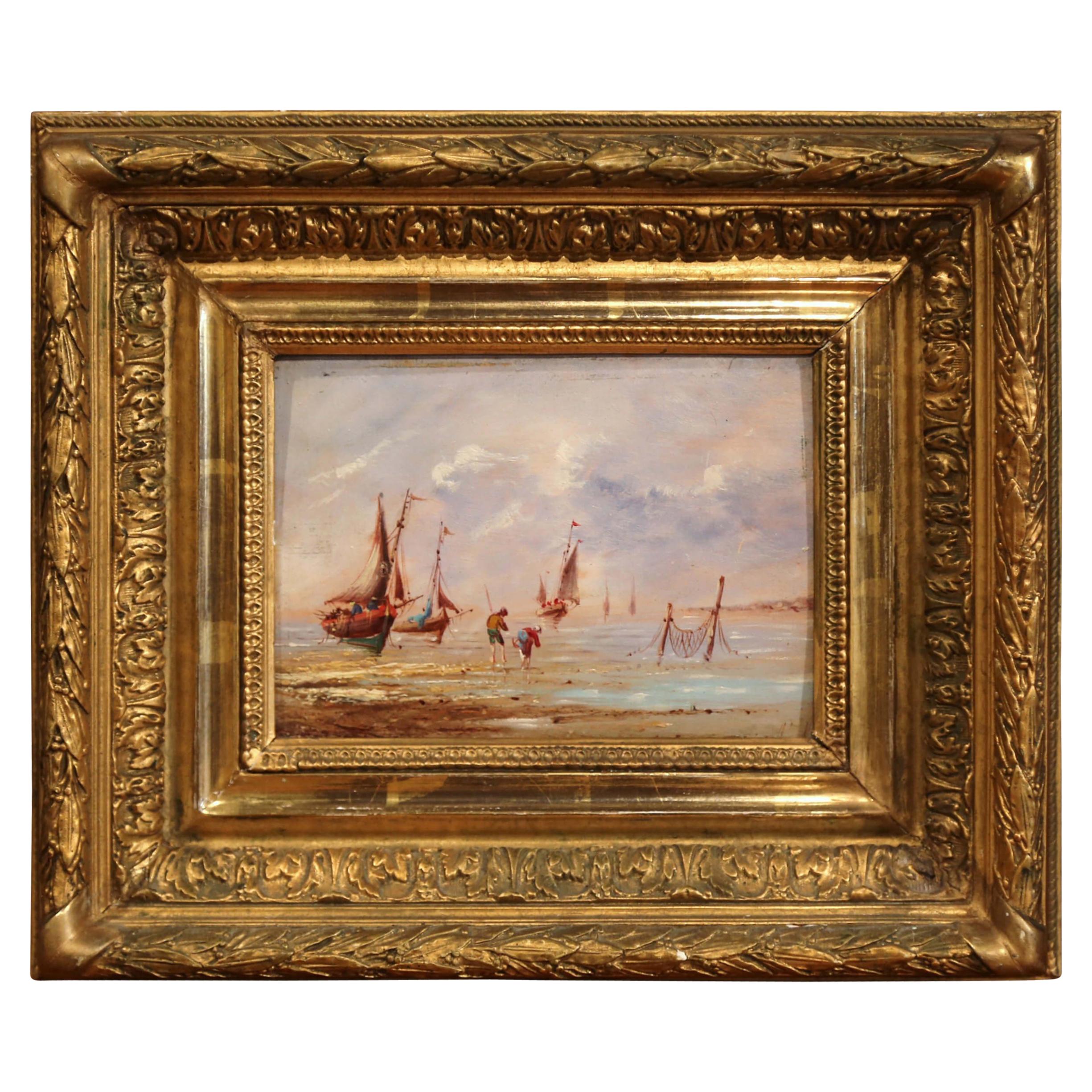 19th Century French Beach Oil Painting in Carved Gilt Frame