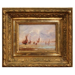 Antique 19th Century French Beach Oil Painting in Carved Gilt Frame