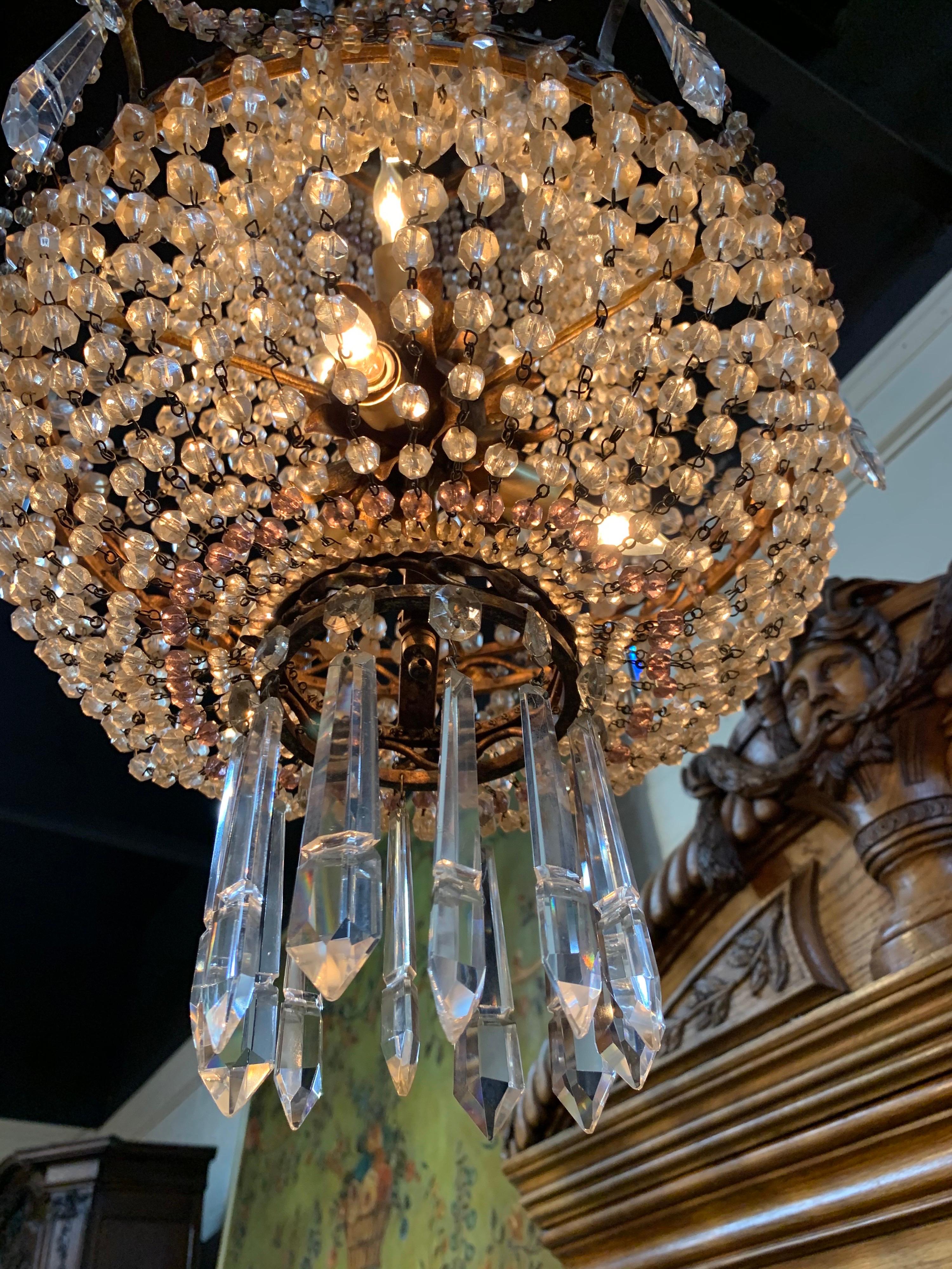 19th Century French Beaded Crystal and Amethyst Chandelier In Good Condition For Sale In Dallas, TX