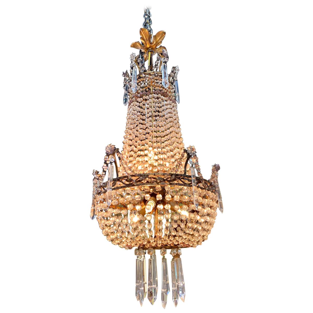 19th Century French Beaded Crystal and Amethyst Chandelier For Sale