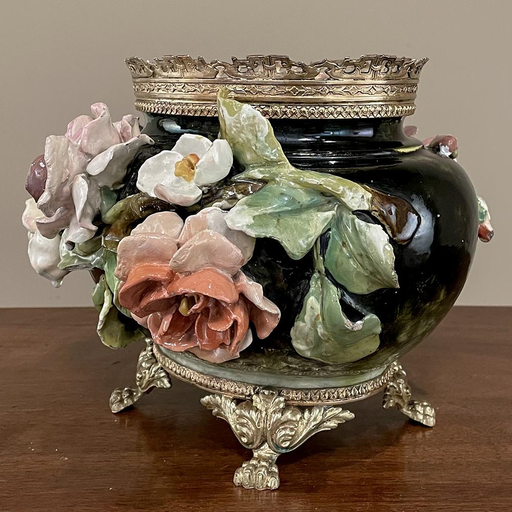 Hand-Crafted 19th Century French Beaux Artes Barbotine Jardiniere with Bronze Mounts For Sale