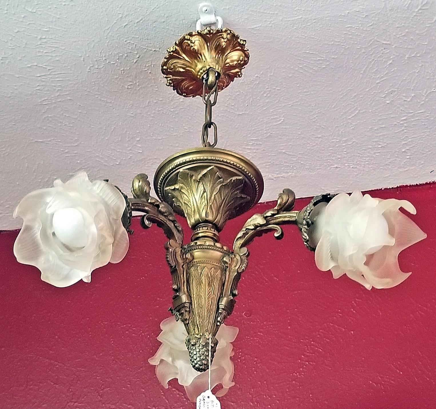 Cast 19th Century French Bedroom Three-Branch Chandelier Pendant