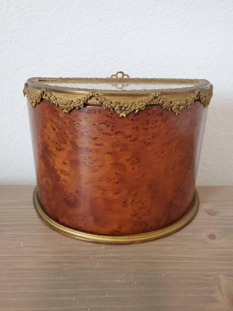 A charming fine quality antique French demilune decorative box from the late 19th century, finished in stunning rich briar elm burlwood, the half-moon shaped bentwood revolving door table or desk box - jewelry casket - trinket keepsake small cabinet