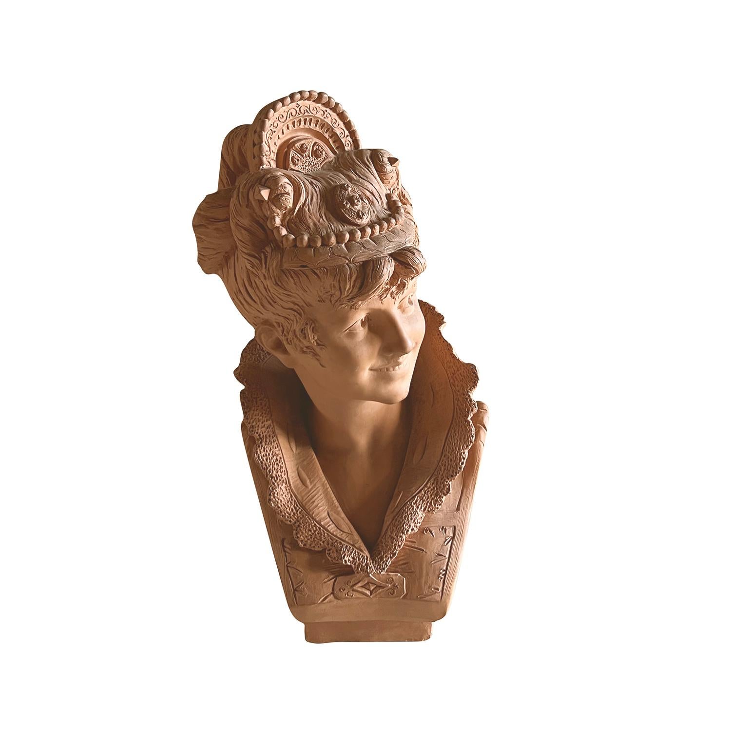 Belle Époque Buste French Belle Epoque du 19ème siècle - Sculpture ancienne en terre cuite de Paris en vente