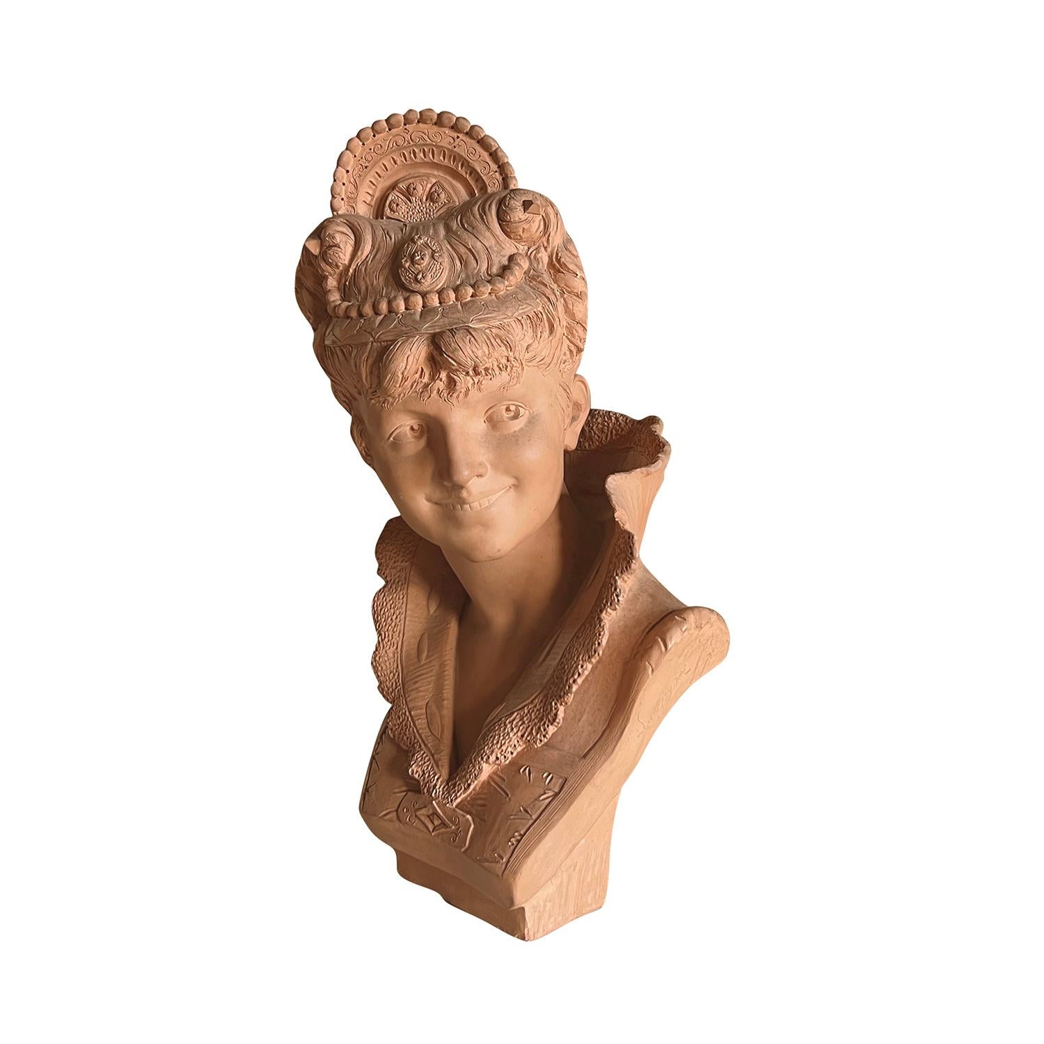 Fait main Buste French Belle Epoque du 19ème siècle - Sculpture ancienne en terre cuite de Paris en vente