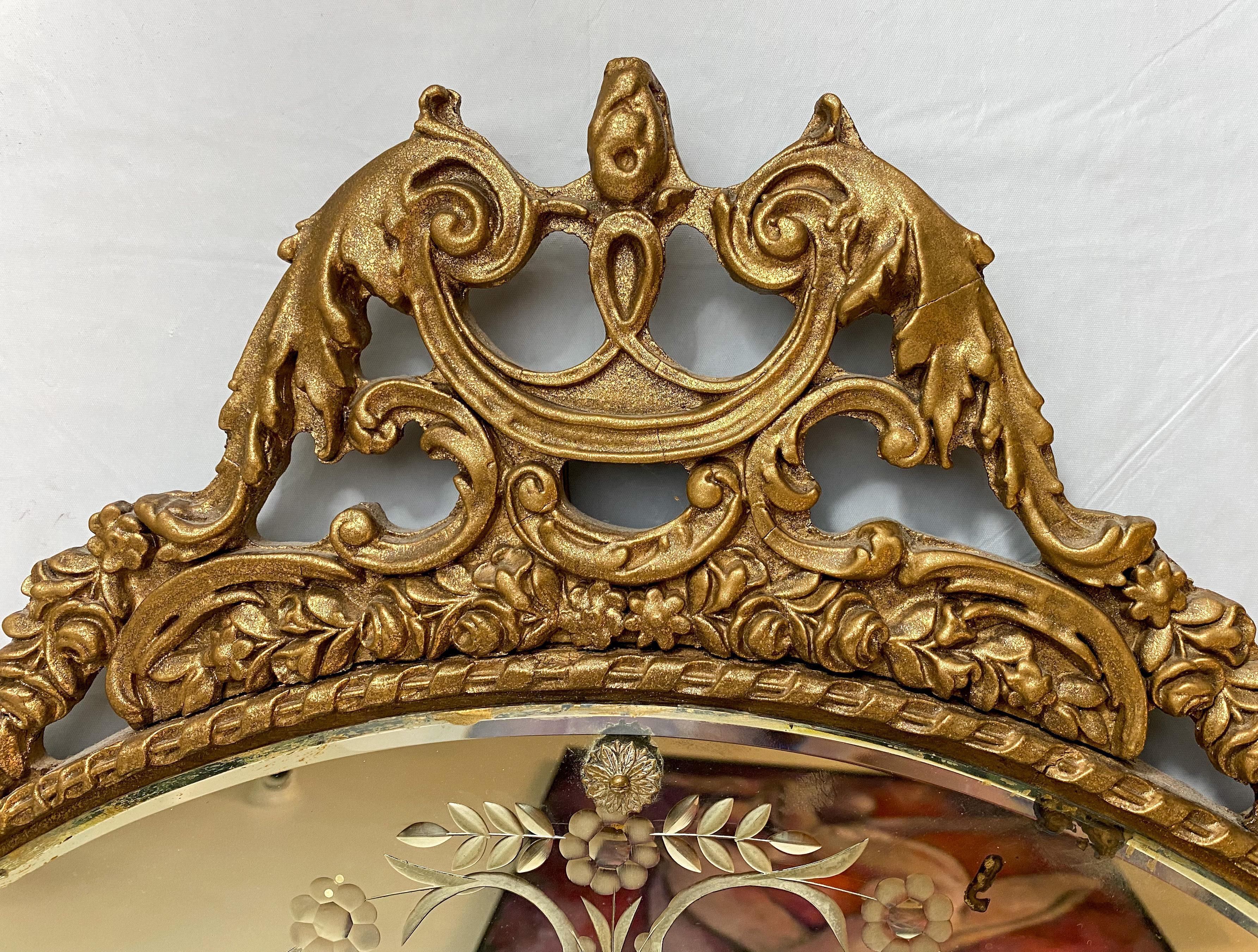 19th Century French Belle Epoque Gilded Circular Etched Glass Mirror  For Sale 3