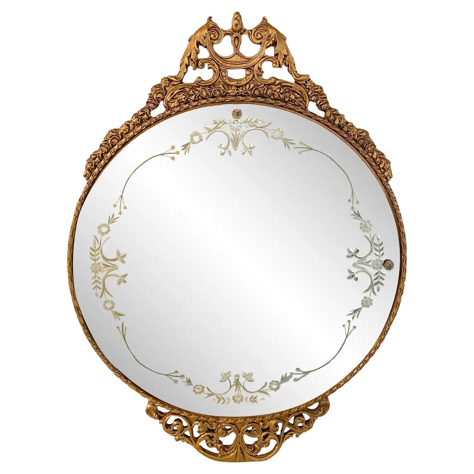 Miroir en verre gravé circulaire doré du 19ème siècle Belle Epoque française 