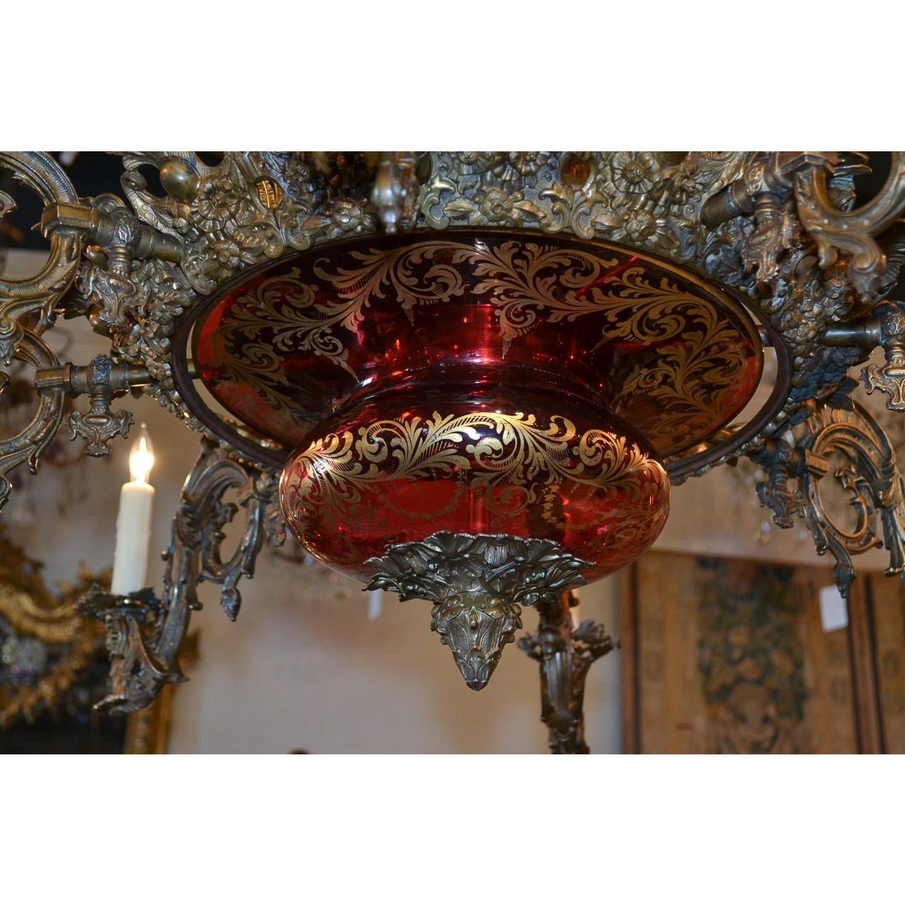 Cast 19th Century French Belle Époque Ruby Glass and Bronze Chandelier