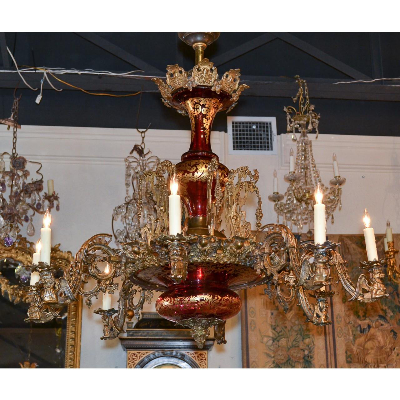 19th Century French Belle Époque Ruby Glass and Bronze Chandelier In Distressed Condition In Dallas, TX
